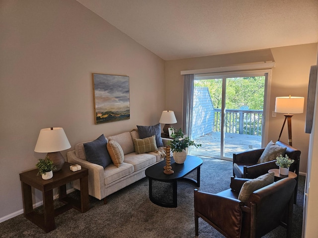 carpeted living room with lofted ceiling