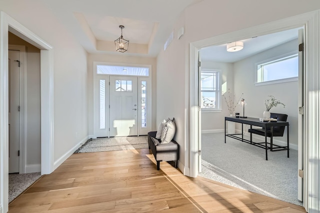 entryway featuring a tray ceiling and light hardwood / wood-style floors