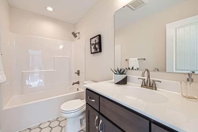 full bathroom with vanity, toilet, and bathing tub / shower combination