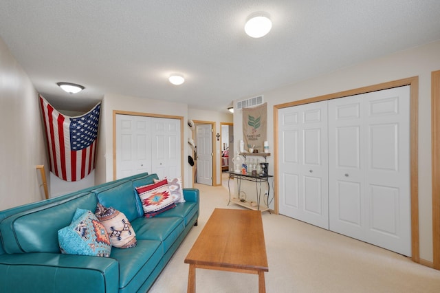 carpeted living room featuring a textured ceiling