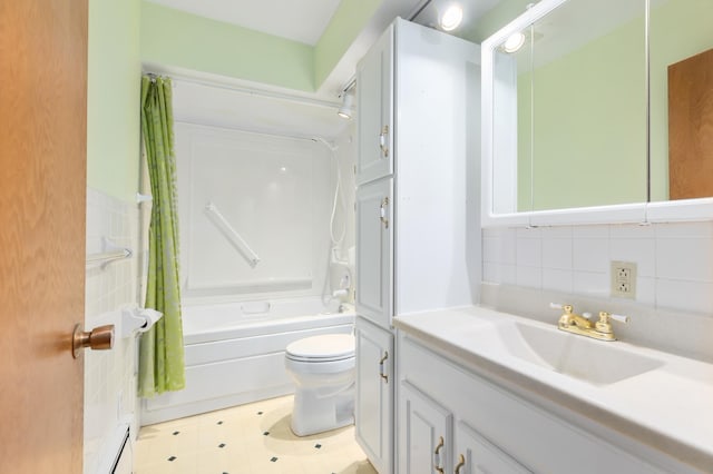 full bathroom with vanity, toilet, shower / bath combo with shower curtain, and tasteful backsplash