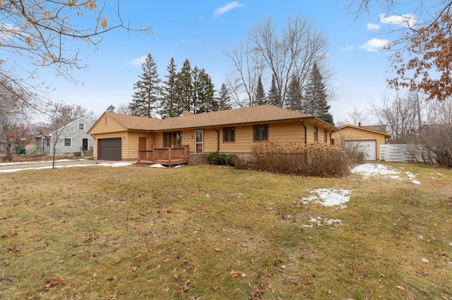 single story home with a front lawn and a wooden deck