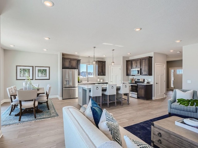 living room featuring sink and light hardwood / wood-style floors