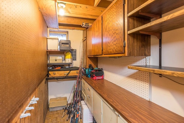 kitchen with light parquet flooring