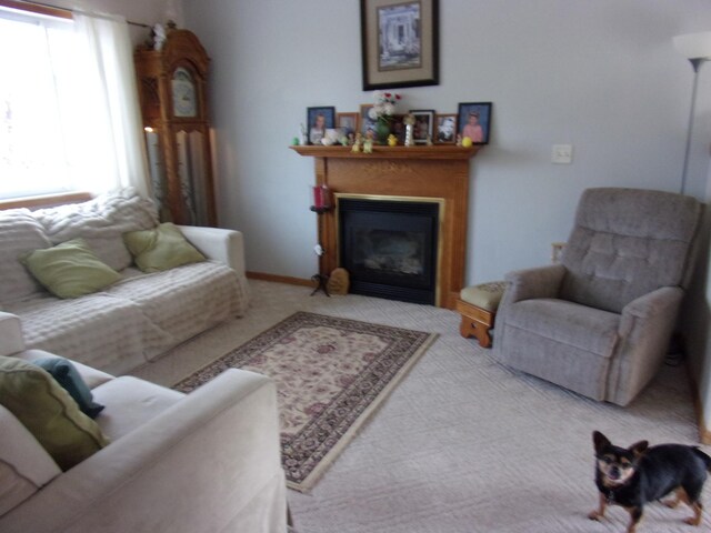 carpeted living room with a glass covered fireplace