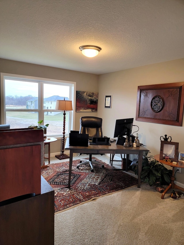 office space featuring carpet and a textured ceiling