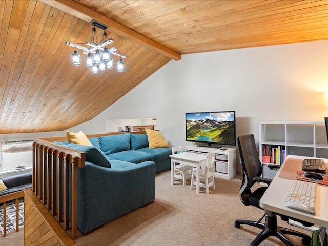 office featuring light carpet, lofted ceiling with beams, radiator, and wood ceiling