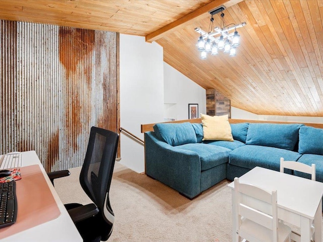 carpeted home office with lofted ceiling with beams and wooden ceiling