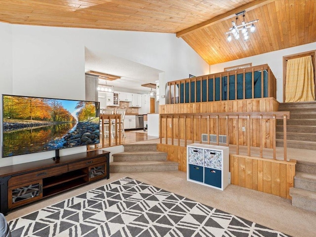 carpeted living room featuring beam ceiling, wood ceiling, and high vaulted ceiling