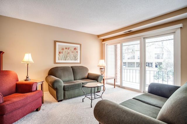 carpeted living room featuring a textured ceiling