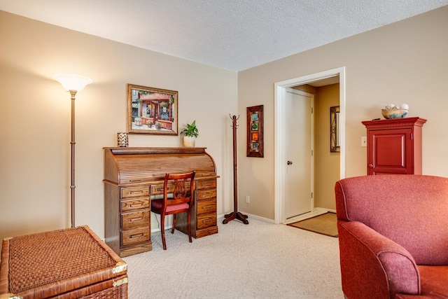 office space featuring light colored carpet and a textured ceiling