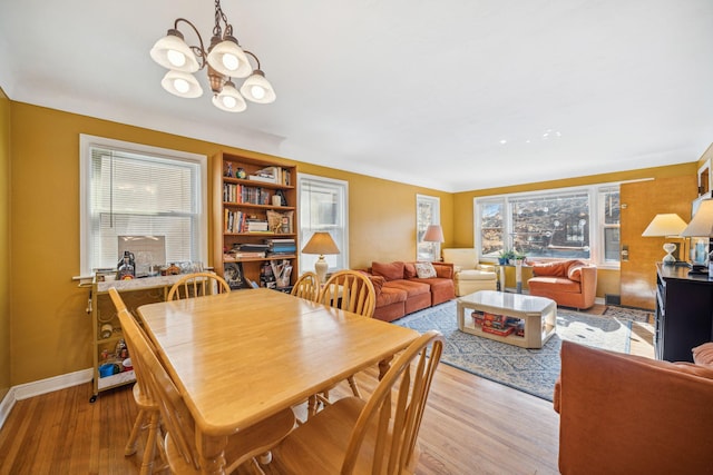 dining area featuring built in features, light wood-type flooring, a healthy amount of sunlight, and a notable chandelier