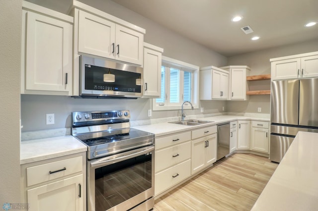 kitchen with sink, white cabinets, light hardwood / wood-style floors, and appliances with stainless steel finishes