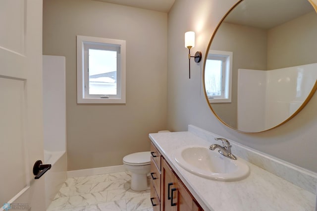 full bathroom featuring vanity, toilet, and shower / tub combination