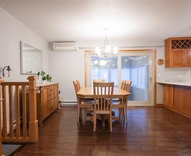 dining space featuring an AC wall unit, dark wood-type flooring, a baseboard radiator, and a chandelier