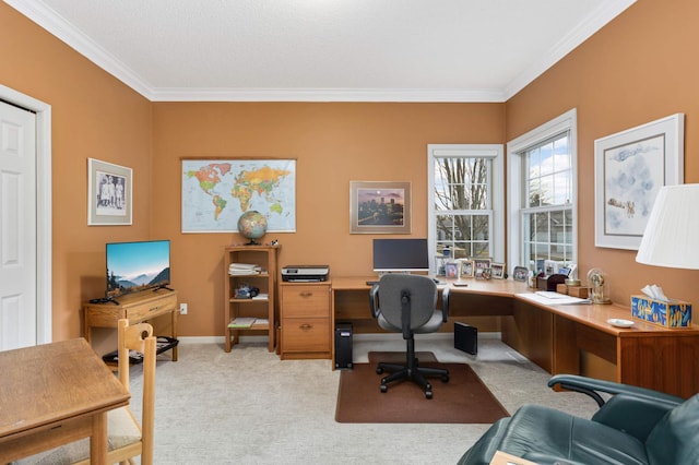 office area featuring ornamental molding and light carpet