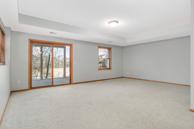 unfurnished room with carpet flooring and a raised ceiling