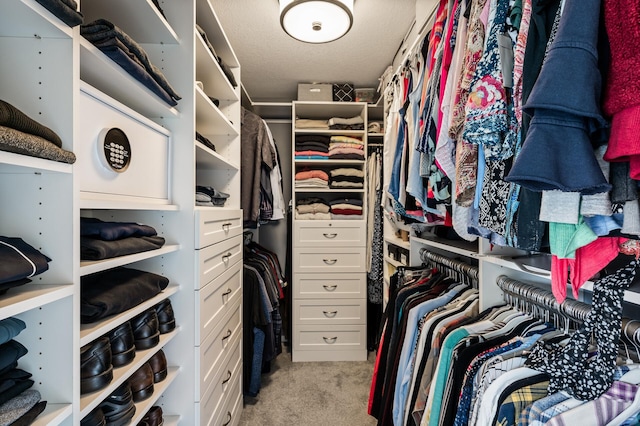 walk in closet with light carpet