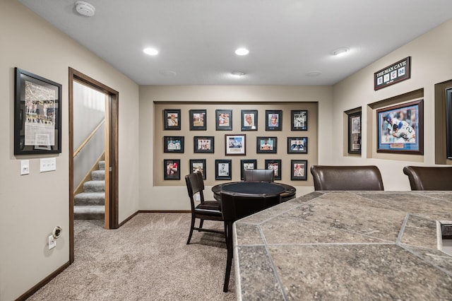 carpeted home office featuring recessed lighting and baseboards