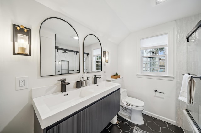 full bathroom featuring toilet, combined bath / shower with glass door, tile patterned floors, vanity, and lofted ceiling