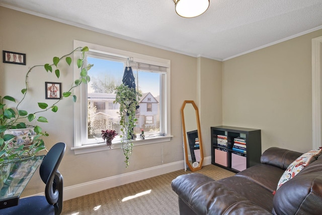 office area with carpet flooring, a textured ceiling, a wealth of natural light, and crown molding