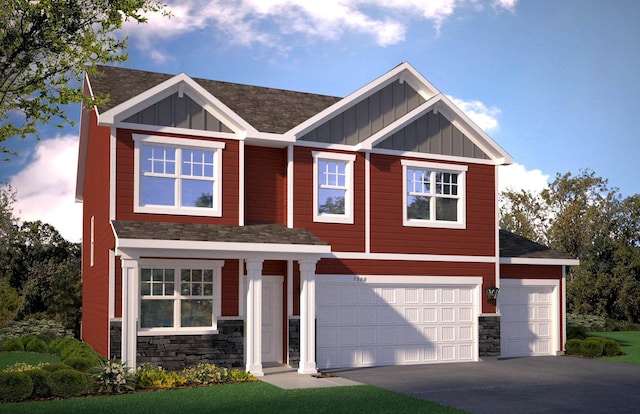 view of front of property with a shingled roof, board and batten siding, a garage, stone siding, and driveway