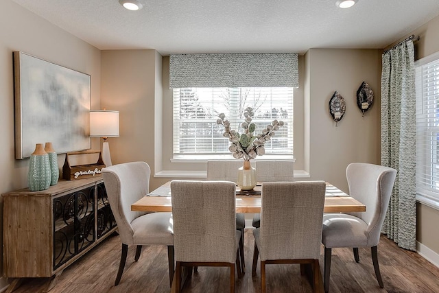 dining area with hardwood / wood-style floors, a healthy amount of sunlight, and a textured ceiling