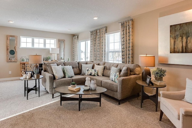 carpeted living room with a textured ceiling