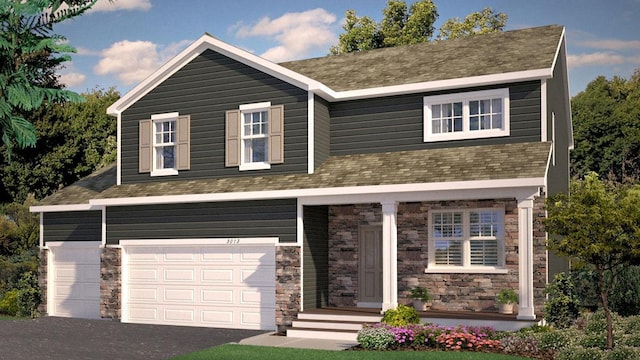 view of front of property featuring an attached garage and stone siding