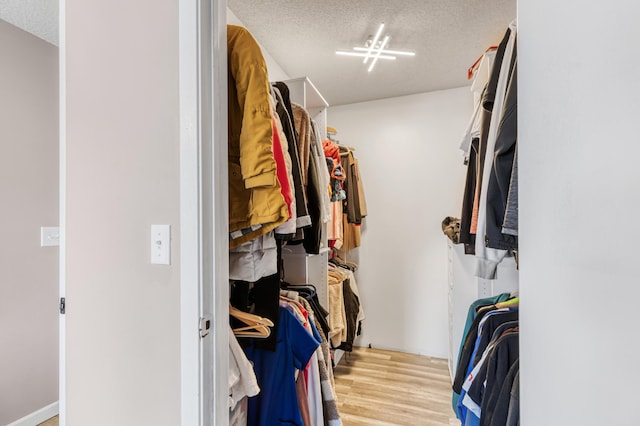 walk in closet with light hardwood / wood-style flooring