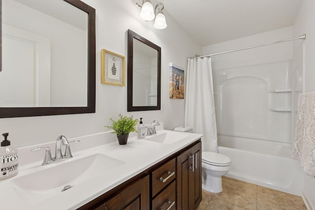 full bathroom with double vanity, toilet, tile patterned flooring, shower / bath combination with curtain, and a sink