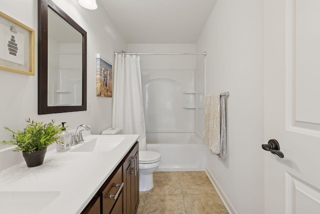 full bath with tile patterned flooring, toilet, a sink, double vanity, and shower / bath combo