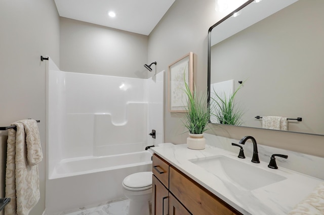 full bathroom with vanity, toilet, and bathing tub / shower combination