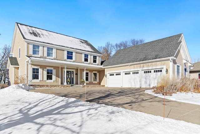 colonial-style house featuring a garage and a porch