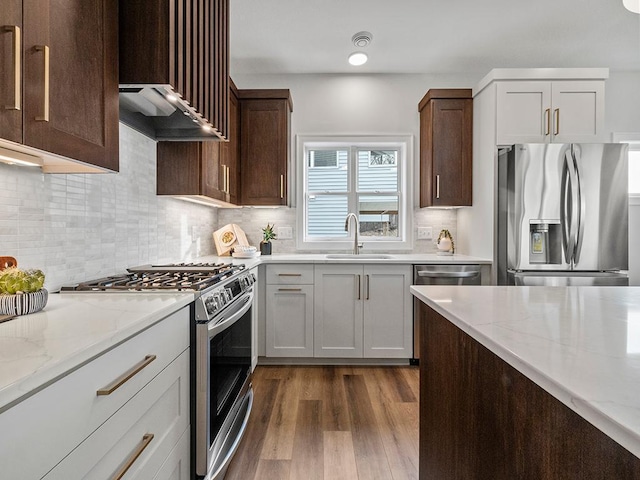 kitchen with light stone countertops, sink, range hood, and appliances with stainless steel finishes