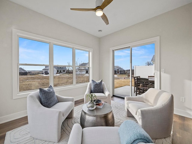 living area featuring ceiling fan and hardwood / wood-style flooring