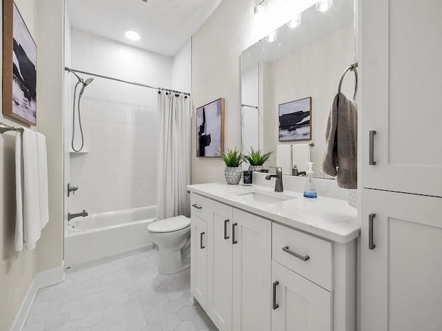 full bathroom with toilet, vanity, tile patterned floors, and shower / tub combo with curtain