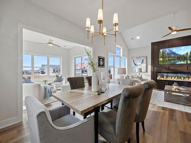 dining area featuring hardwood / wood-style floors, a large fireplace, and plenty of natural light