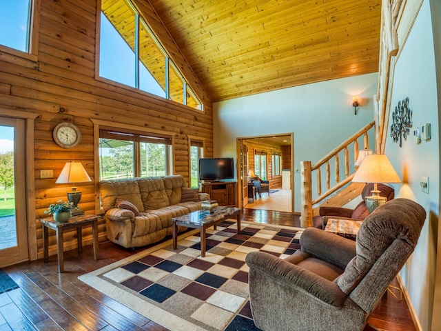 living room featuring log walls, dark wood-type flooring, high vaulted ceiling, and wooden ceiling