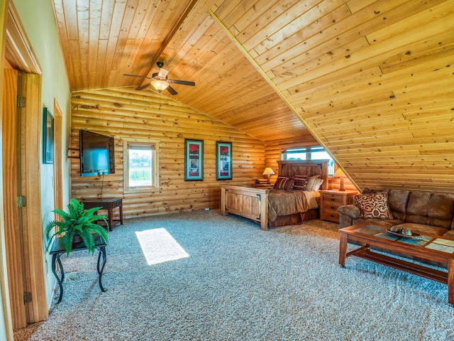 carpeted bedroom featuring log walls, lofted ceiling with beams, and wood ceiling