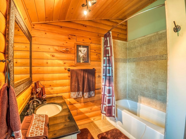 bathroom featuring shower / bath combo, vanity, vaulted ceiling, tile patterned flooring, and wood ceiling