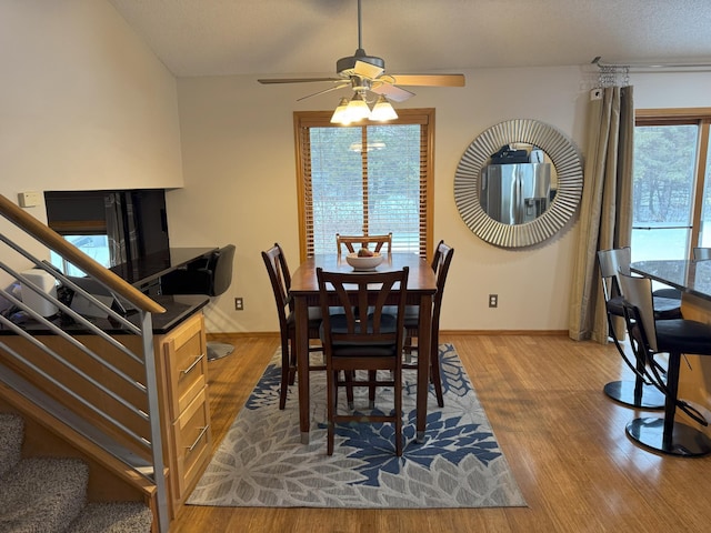 dining area featuring wood-type flooring, a textured ceiling, and ceiling fan