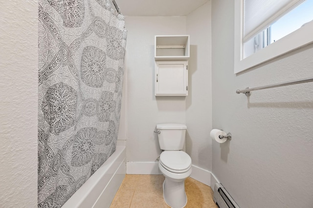 bathroom featuring tile patterned floors, toilet, shower / bathtub combination with curtain, and baseboard heating