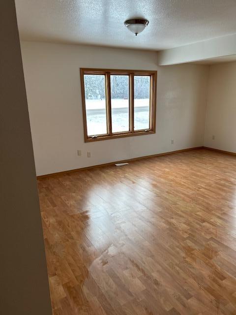 spare room with light hardwood / wood-style flooring and a textured ceiling