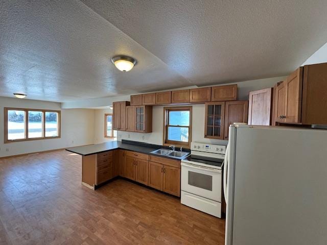 kitchen with a peninsula, electric range, a sink, freestanding refrigerator, and dark countertops