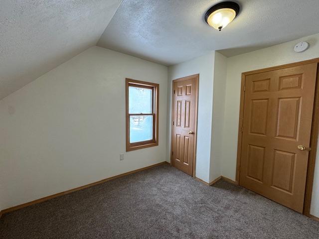 bonus room featuring lofted ceiling, baseboards, a textured ceiling, and carpet