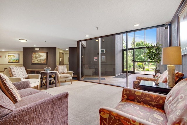 carpeted living room with expansive windows