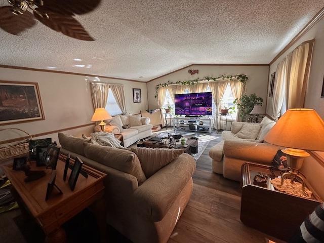 living room with vaulted ceiling, a textured ceiling, and hardwood / wood-style flooring