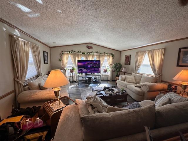 living room with a textured ceiling, vaulted ceiling, and crown molding