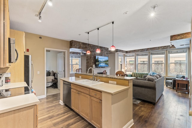 kitchen with a kitchen island with sink, sink, appliances with stainless steel finishes, light brown cabinetry, and decorative light fixtures